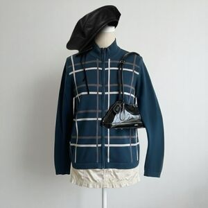 Mexx Mens Teal Blue Plaid Zipped Mock Neck Sweater